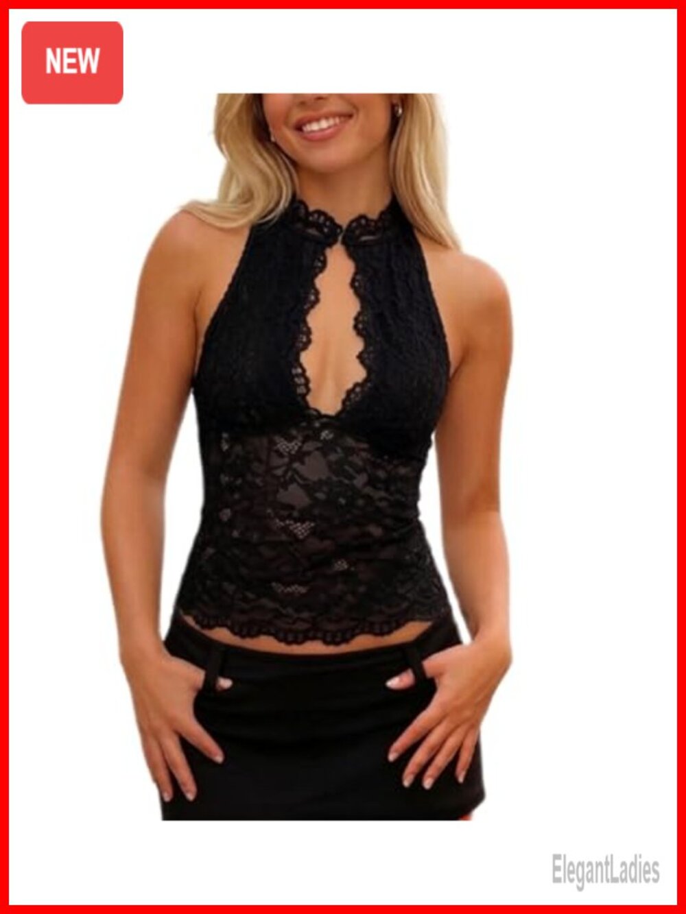Lace Halter Tank Top Keyhole Cutout Sheer Mesh Crop Camisole
